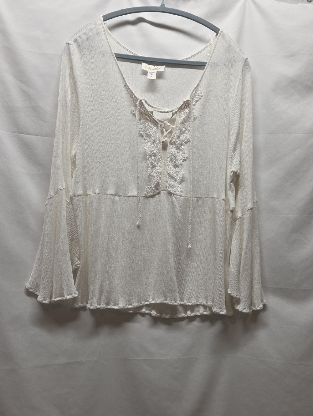 Simply Emma Ivory Lace-Up Peasant Blouse Boho Flowy Embroidery